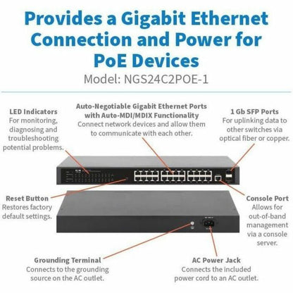 Eaton Tripp Lite Series 24-Port Managed Gigabit Ethernet Switch with PoE+ - Layer 2, 1 Gbps, 2x GbE SFP Ports, 370W PoE, 1U Rack/Desktop