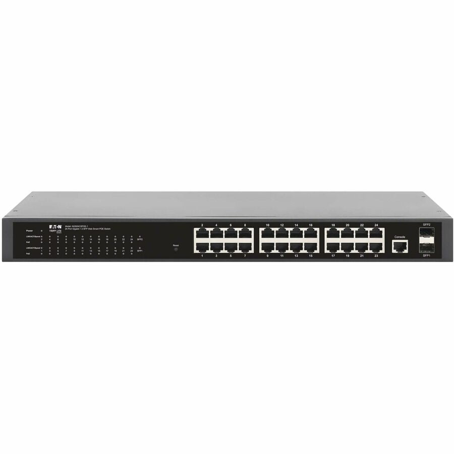 Eaton Tripp Lite Series 24-Port Managed Gigabit Ethernet Switch with PoE+ - Layer 2, 1 Gbps, 2x GbE SFP Ports, 370W PoE, 1U Rack/Desktop