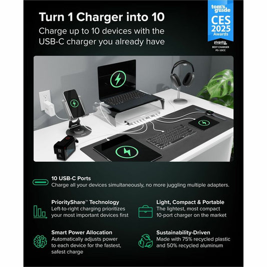 Plugable 10 Port USB-C Charging Station PS-10CC – Up to 100W Multi-Device Charger with PriorityShare Technology