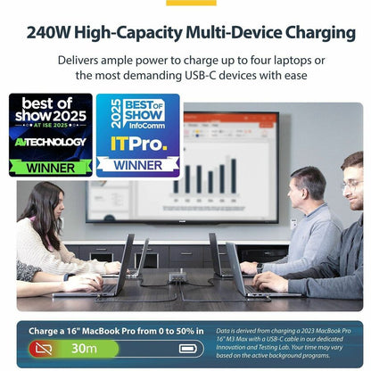 StarTech.com 240W USB-C GaN Desk Charger with 4 Ports and Security Locking - Ideal for Modern Workspaces