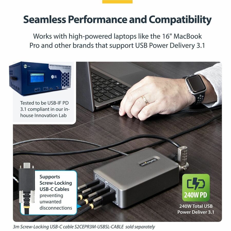 StarTech.com 240W USB-C GaN Desk Charger with 4 Ports and Security Locking - Ideal for Modern Workspaces