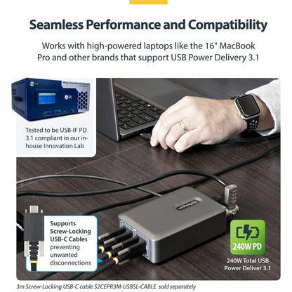 StarTech.com 240W USB-C GaN Desk Charger with 4 Ports and Security Locking - Ideal for Modern Workspaces