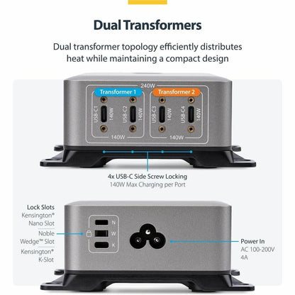 StarTech.com 240W USB-C GaN Desk Charger with 4 Ports and Security Locking - Ideal for Modern Workspaces