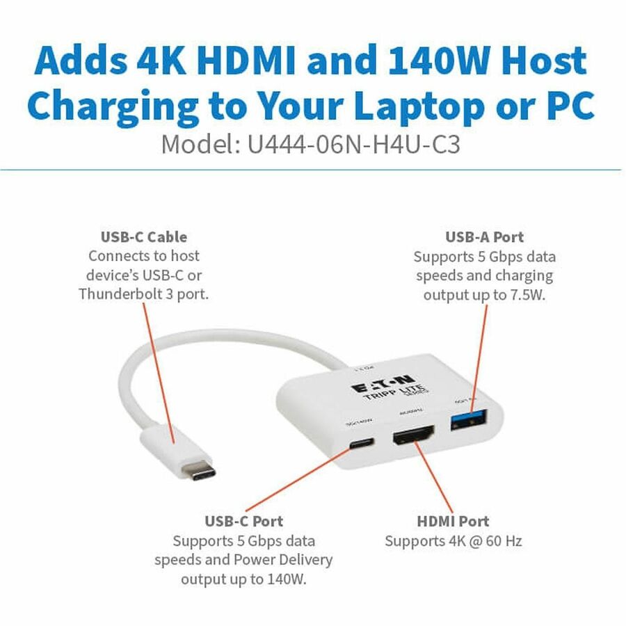 Eaton Tripp Lite Series USB-C Multiport Adapter with 4K HDMI, USB-A & USB-C Ports - Model U444-06N-H4U-C3