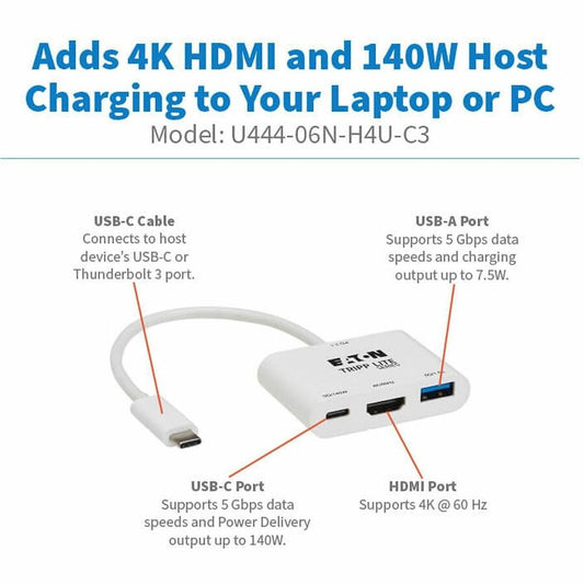Eaton Tripp Lite Series USB-C Multiport Adapter with 4K HDMI, USB-A & USB-C Ports - Model U444-06N-H4U-C3