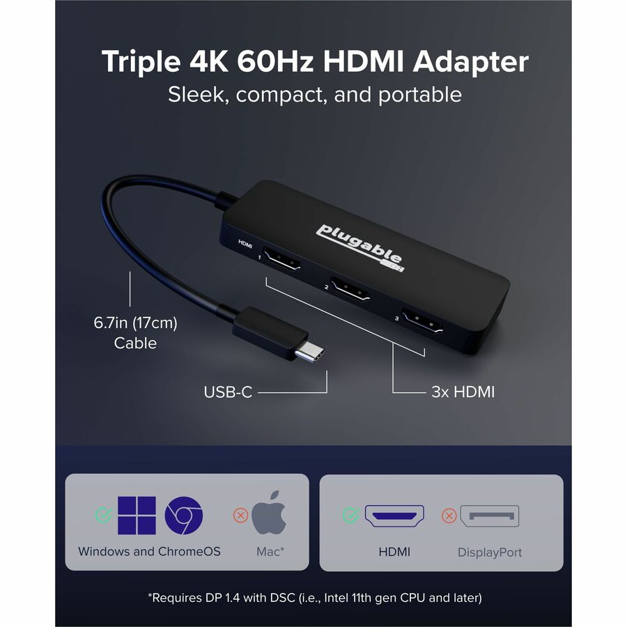 Plugable USB-C to HDMI Multi Monitor Adapter - Triple 4K60 Displays - Driverless MST Hub for Windows, Chrome OS, USB-C, Thunderbolt, USB4 Laptops