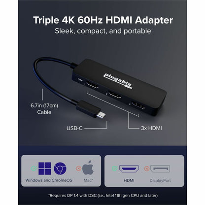 Plugable USB-C to HDMI Multi Monitor Adapter - Triple 4K60 Displays - Driverless MST Hub for Windows, Chrome OS, USB-C, Thunderbolt, USB4 Laptops