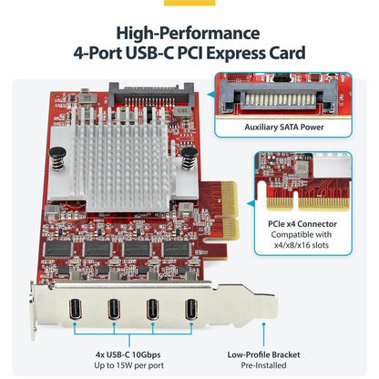 StarTech.com 4-Port USB Type-C PCIe Expansion Card with USB 3.2 Gen 2 (10Gbps) - Internal PCI Express 3.0 Adapter