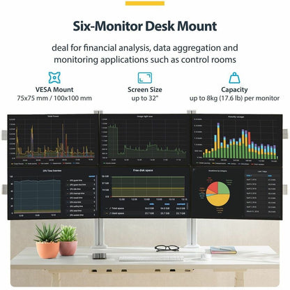 StarTech.com Six-Monitor Desk Mount with Crossbar for 17-32 inch Displays, Dual-Column Aluminum Support