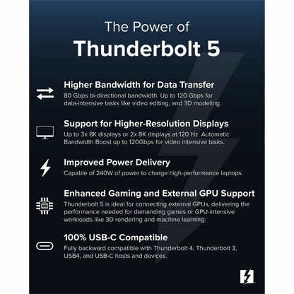 Plugable Thunderbolt 5 Cable with 80Gbps Data Transfer and 240W Charging (TBT5-240W1M)