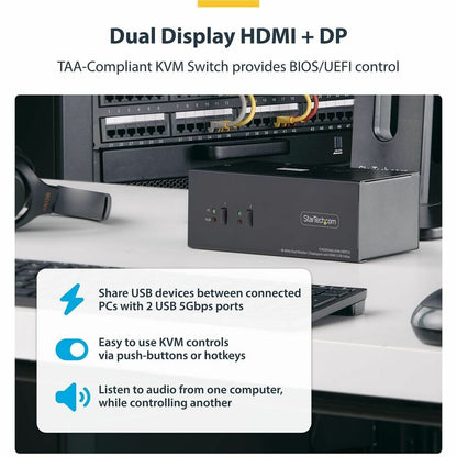 StarTech.com 2-Port Dual-Monitor DisplayPort and HDMI KVM Switch with 4K Support and USB Hub