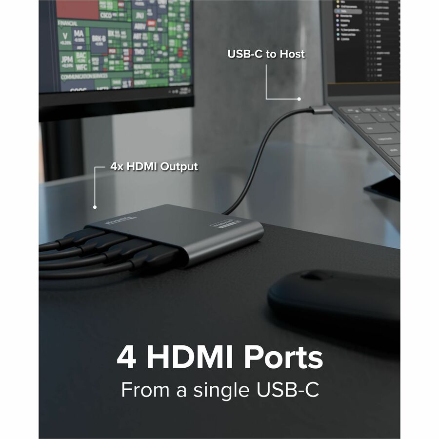 Plugable USB-C to Quad HDMI 4K Adapter with 100W Power Delivery for Windows and Mac M1/M2/M3/M4