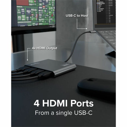 Plugable USB-C to Quad HDMI 4K Adapter with 100W Power Delivery for Windows and Mac M1/M2/M3/M4