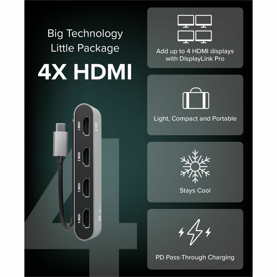 Plugable USB-C to Quad HDMI 4K Adapter with 100W Power Delivery for Windows and Mac M1/M2/M3/M4