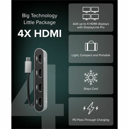 Plugable USB-C to Quad HDMI 4K Adapter with 100W Power Delivery for Windows and Mac M1/M2/M3/M4