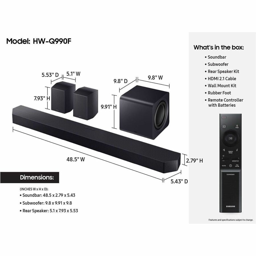 Samsung HW-Q990F 11.1.4 Channel Soundbar with Dolby Atmos and Wireless Rear Speakers