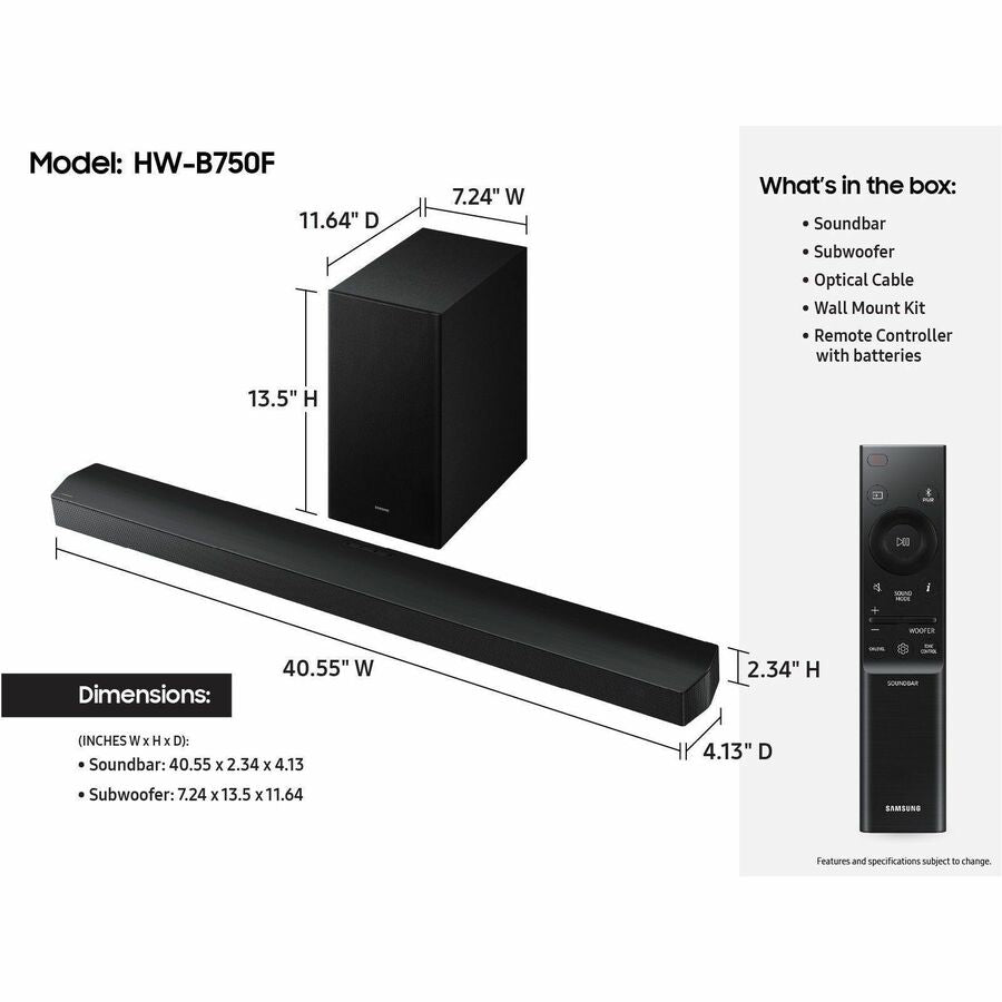 Samsung HW-B750F/ZA 5.1 Channel Soundbar with Wireless Subwoofer and Dolby Digital - Black