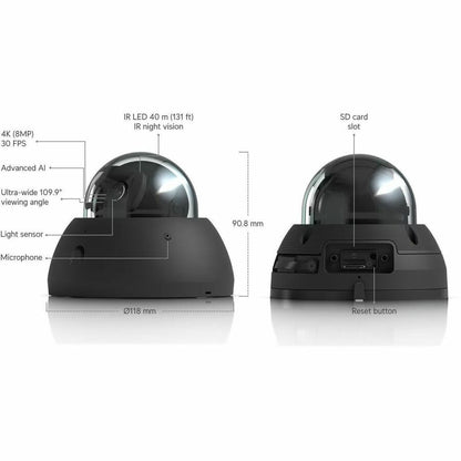 Ubiquiti UniFi 8 Megapixel 4K AI Dome Network Camera - Color, Black