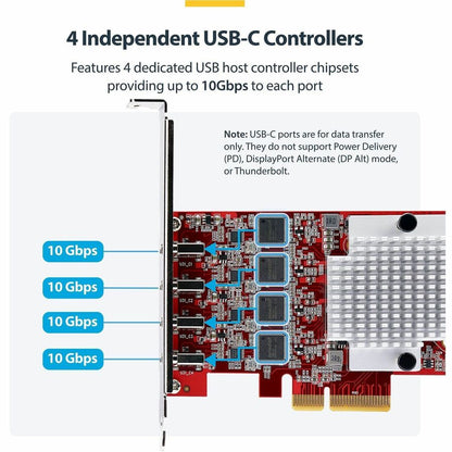 StarTech.com 4-Port USB Type-C PCIe Expansion Card - USB 3.2 Gen 2, 10Gbps, Internal PCI Express Adapter
