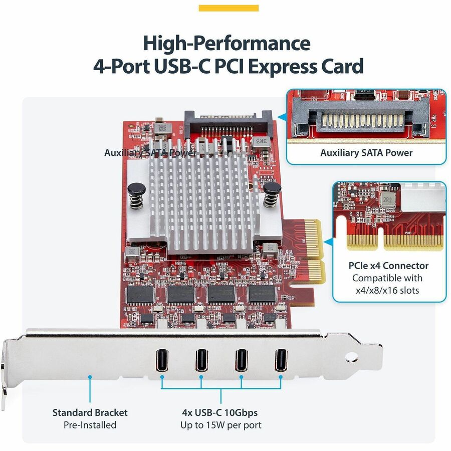 StarTech.com 4-Port USB Type-C PCIe Expansion Card - USB 3.2 Gen 2, 10Gbps, Internal PCI Express Adapter