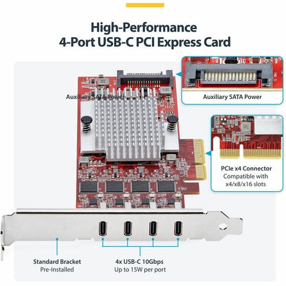 StarTech.com 4-Port USB Type-C PCIe Expansion Card - USB 3.2 Gen 2, 10Gbps, Internal PCI Express Adapter