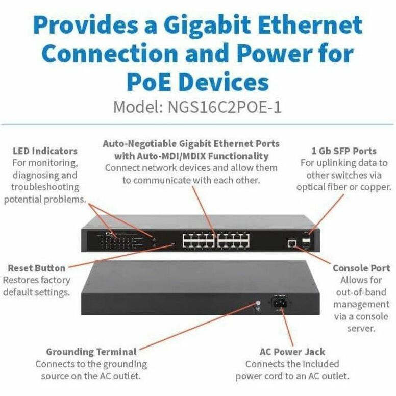 Eaton Corporation NGS16C2POE-1 Ethernet Switch – 16-Port Managed Gigabit Switch with PoE+ and SFP Uplink
