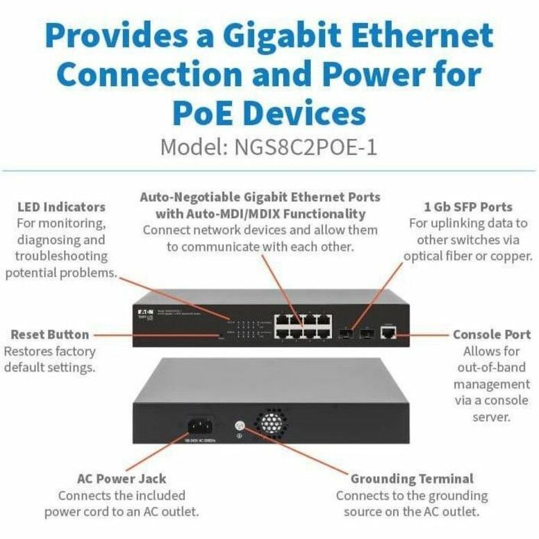 Eaton Corporation NGS8C2POE-1 Managed Gigabit Ethernet Switch with PoE+ and SFP Ports