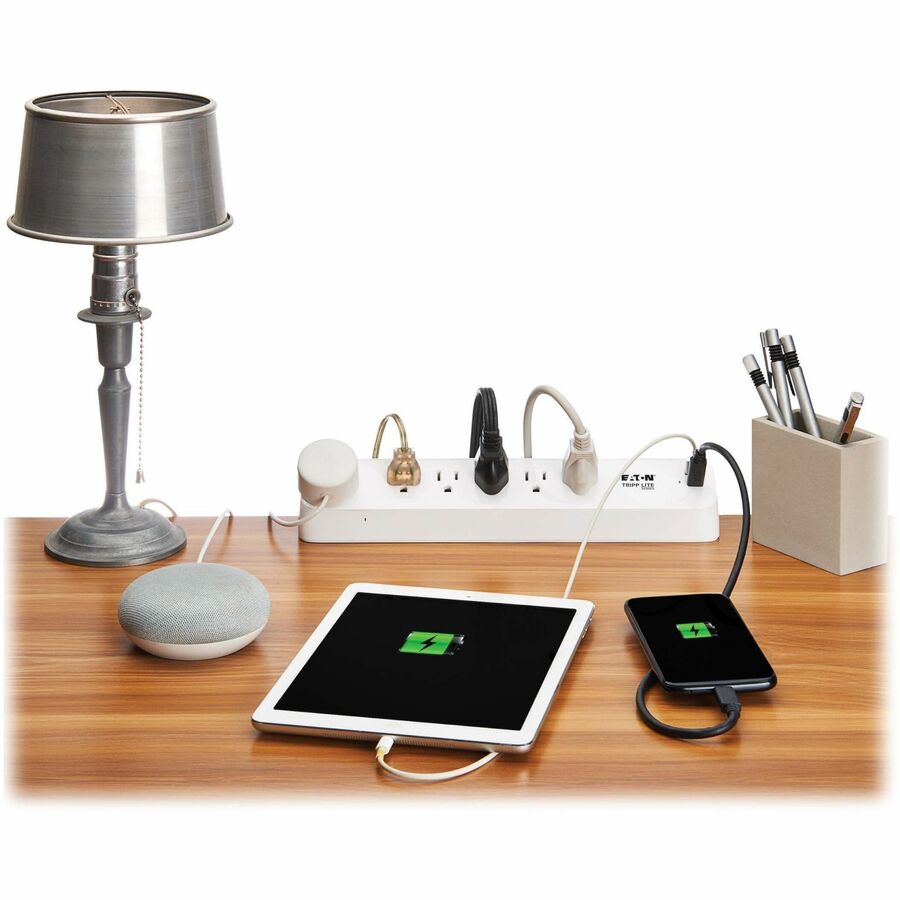 Eaton Tripp Lite Series Protect It! TLP66UCLAMP 6-Outlet Surge Protector with USB-A & USB-C Ports – Desktop Clamp, 900 Joules, 6 ft. Cord, White