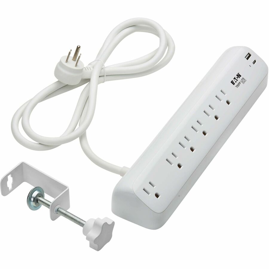 Eaton Tripp Lite Series Protect It! TLP66UCLAMP 6-Outlet Surge Protector with USB-A & USB-C Ports – Desktop Clamp, 900 Joules, 6 ft. Cord, White