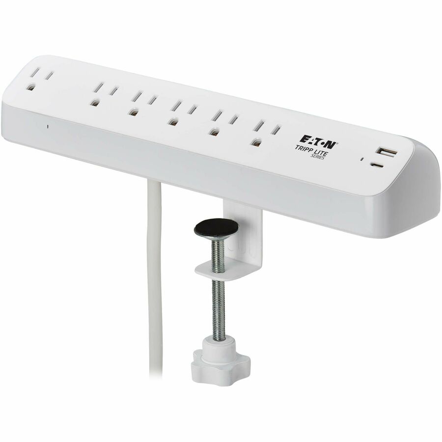 Eaton Tripp Lite Series Protect It! TLP66UCLAMP 6-Outlet Surge Protector with USB-A & USB-C Ports – Desktop Clamp, 900 Joules, 6 ft. Cord, White