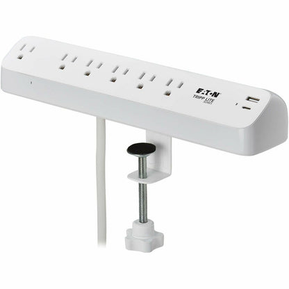 Eaton Tripp Lite Series Protect It! TLP66UCLAMP 6-Outlet Surge Protector with USB-A & USB-C Ports – Desktop Clamp, 900 Joules, 6 ft. Cord, White