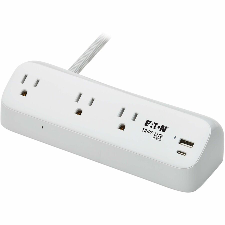 Eaton Tripp Lite Series Protect It! 3-Outlet Surge Protector with USB-A and USB-C Ports - 5-15R Outlets, 900 Joules, 20W PD Charging, Desk Clamp, 8 ft. Braided Cord, White