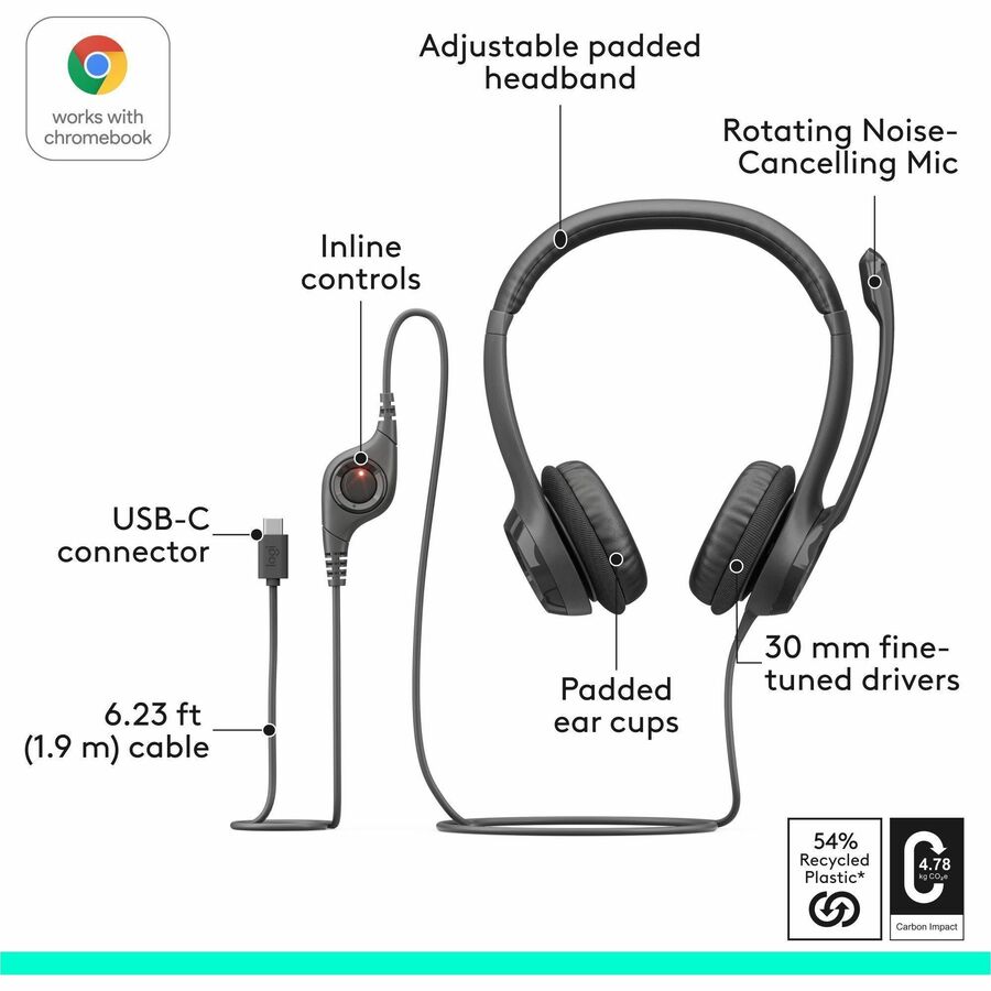 Logitech H390 Wired Headset with Microphone – USB-C Over-the-Head Stereo Headphones for Calls and Music