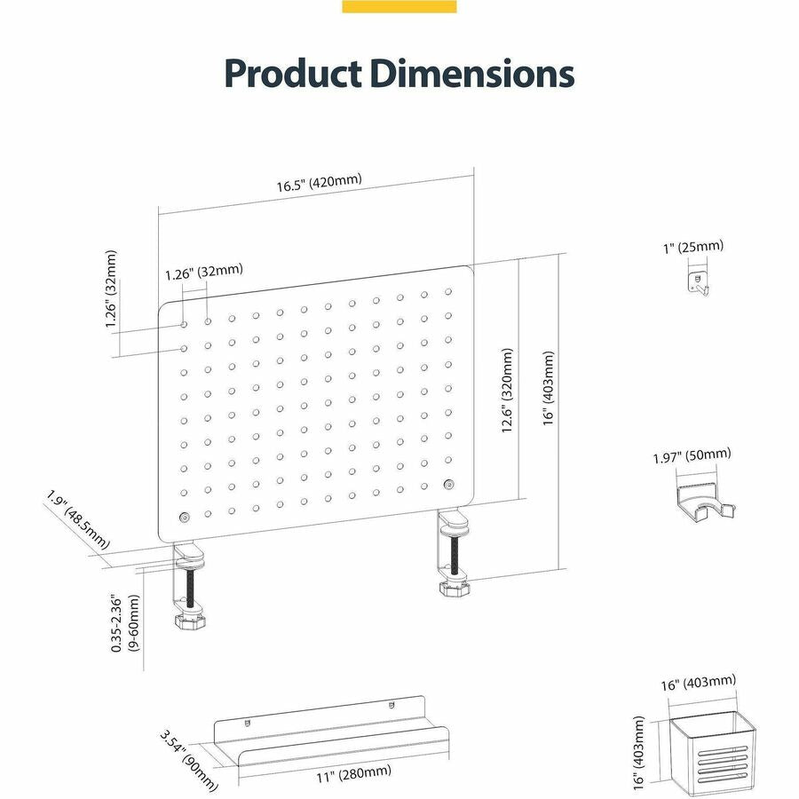 StarTech.com Clamp-On Pegboard with Accessories, 16.5 x 12.5 inches Steel Desktop Storage Organizer in Black