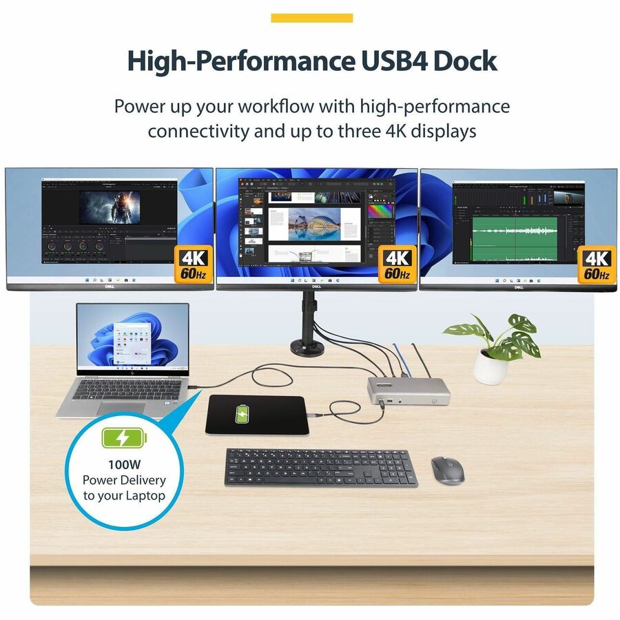 StarTech.com Triple-Monitor USB4 Docking Station with 4K 60Hz HDMI & DisplayPort, 6 USB Ports, 2.5GbE Ethernet, 100W Power - Part #150N-USB4DOCK-TRIPLE