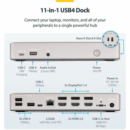 StarTech.com Triple-Monitor USB4 Docking Station with 4K 60Hz HDMI & DisplayPort, 6 USB Ports, 2.5GbE Ethernet, 100W Power - Part #150N-USB4DOCK-TRIPLE