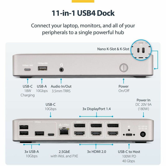 StarTech.com Triple-Monitor USB4 Docking Station with 4K 60Hz HDMI & DisplayPort, 6 USB Ports, 2.5GbE Ethernet, 100W Power - Part #150N-USB4DOCK-TRIPLE