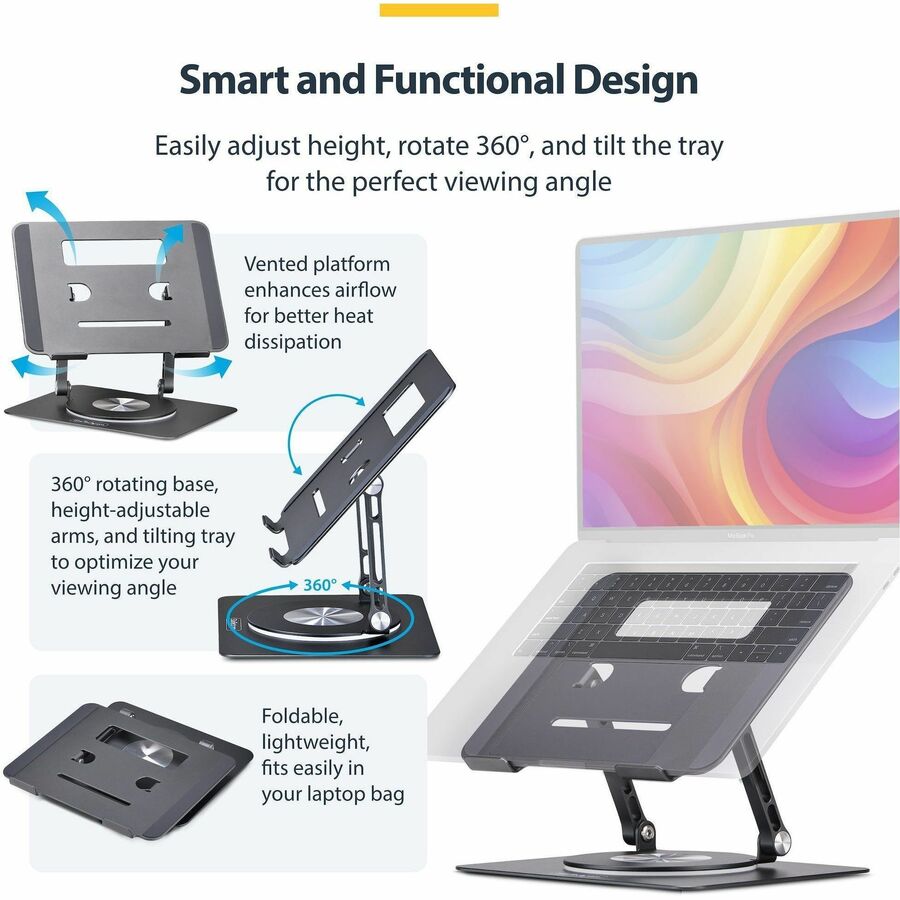 StarTech.com Rotating Laptop Stand with Adjustable Height and 360° Swivel - Ergonomic Aluminum Desk Riser for Up to 11 lbs