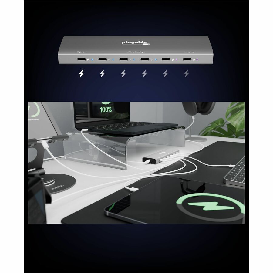 Plugable PS-6CC Multi-Device USB-C Charging Station with 140W GaN Wall Charger and 240W USB4 Cable