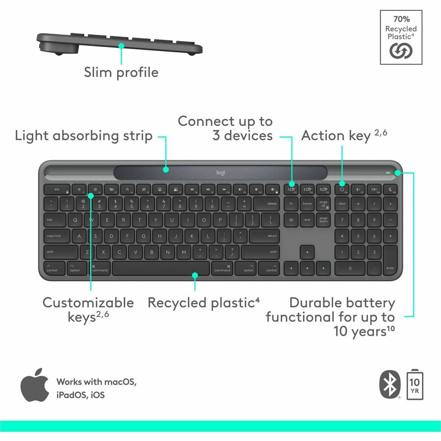 Logitech Signature Slim Solar+ Keyboard for Mac – Solar & Artificial Light Powered, Bluetooth Connectivity, Durable Battery with Customizable Action Key