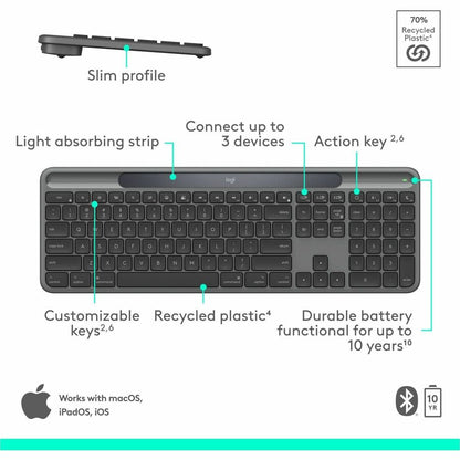 Logitech Signature Slim Solar+ Keyboard for Mac – Solar & Artificial Light Powered, Bluetooth Connectivity, Durable Battery with Customizable Action Key