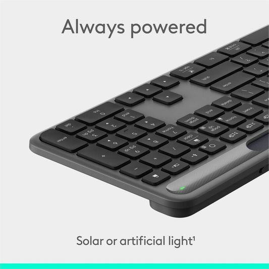 Logitech Signature Slim Solar+ Wireless Keyboard – Solar & Artificial Light Powered, Long-Lasting Battery, Bluetooth Connectivity, Graphite