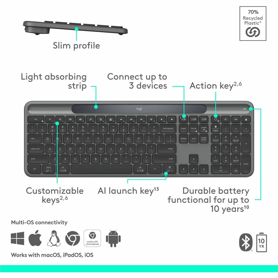Logitech Signature Slim Solar+ Wireless Keyboard – Solar & Artificial Light Powered, Long-Lasting Battery, Bluetooth Connectivity, Graphite