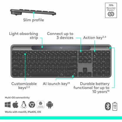 Logitech Signature Slim Solar+ Wireless Keyboard – Solar & Artificial Light Powered, Long-Lasting Battery, Bluetooth Connectivity, Graphite