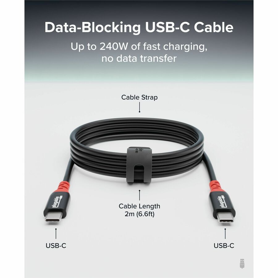 Plugable USB C to USB C Cable, Data Blocker Charge Only, 6.6 ft, 240W Fast Charging - USBC-CC2M