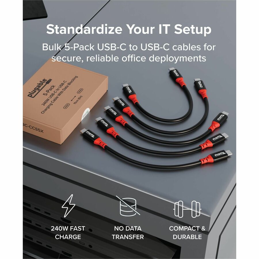 Plugable USB C to USB C Charging Cable, Data Blocker, 6-inch, 240W (Pack of 5)