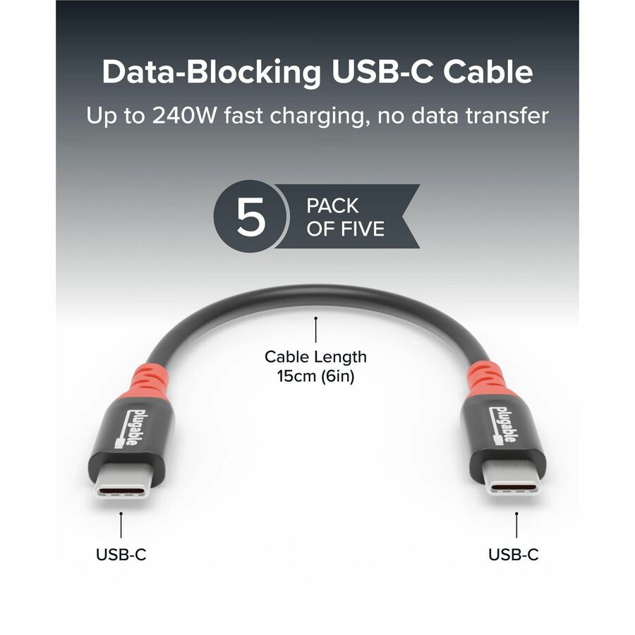 Plugable USB C to USB C Charging Cable, Data Blocker, 6-inch, 240W (Pack of 5)