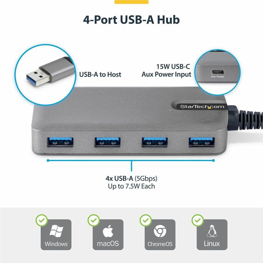 StarTech.com 4-Port USB-A Hub with 5Gbps Data Transfer, Bus-Powered, Space Gray