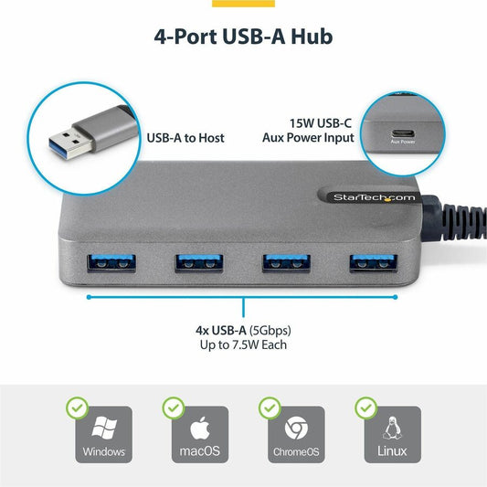 StarTech.com 4-Port USB-A Hub with 5Gbps Data Transfer, Bus-Powered, Space Gray
