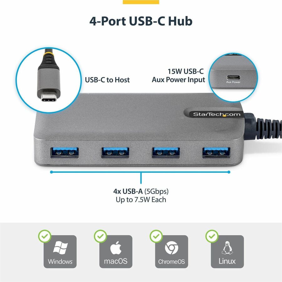 StarTech.com 4-Port USB-C Hub with 5Gbps Data Transfer and Auxiliary Power